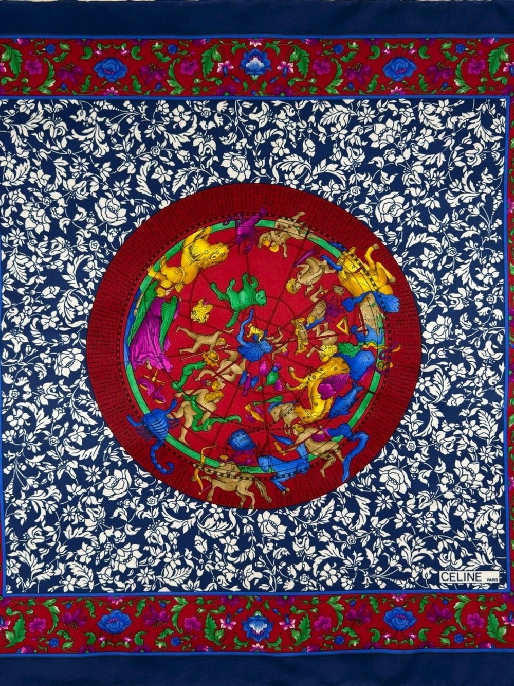 Celine Red & Navy Zodiac Silk Scarf with Multicolor Accents